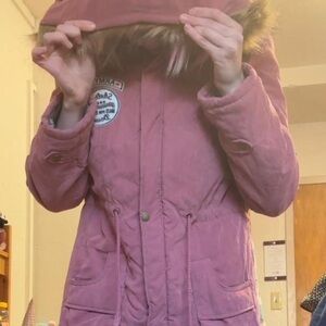 Pink Women's Jacket with Faux Fur Trim Hood